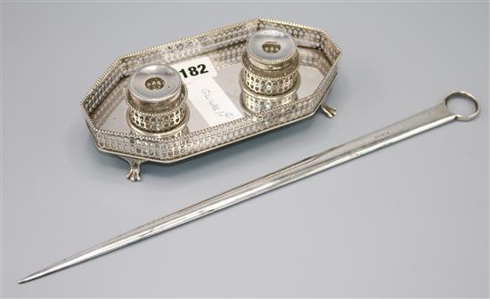 Silver plated inkstand & meat skewer